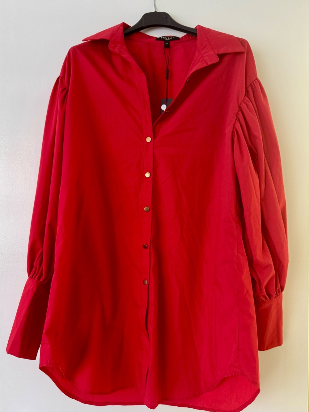 Beulah Bold Red Puff-Sleeve Button-Down Shirt